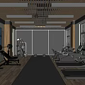 Spacious Modern Fitness Gym With Treadmills Dumbbells Weight Benches And Wooden Ceiling Design