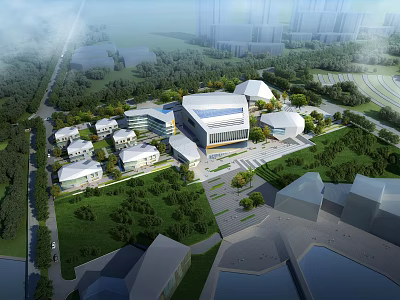 Modern Commercial Complex Architectural Design With Green Spaces Trees And Urban Integration 3d model