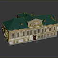 Classical Style Building Featuring Green Roof Yellow Facade Red Door And Windows