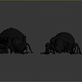 Four Black Beetles With Shiny Exoskeletons On Gray Background Detailed
