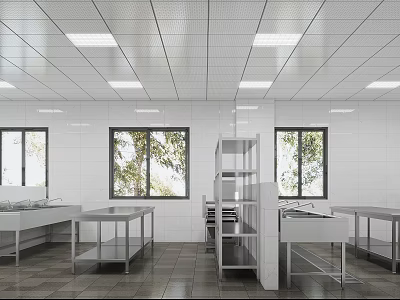 Commercial Kitchen Interior Featuring White Tiled Walls Stainless Steel Worktables Bright Lighting And Windows 3d model