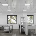 Commercial Kitchen Interior Featuring White Tiled Walls Stainless Steel Worktables Bright Lighting And Windows