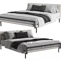 Modern Double Bed with White Bedding Gray Pillows Black Blanket and Metal Legs