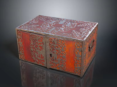 Red Traditional Carved Wooden Chest With Intricate Patterns And Decorative Design 3d model