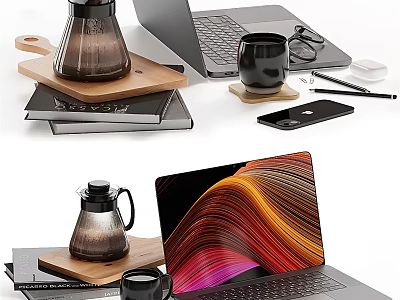Modern Laptop Workstation Setup With Coffee Maker Cup Smartphone Notebook And Pen 3d model