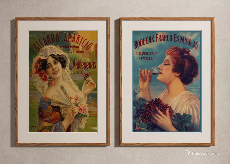 Two Framed Vintage Female Portrait Paintings With Fan Berries And Decorative Elements 3d model 