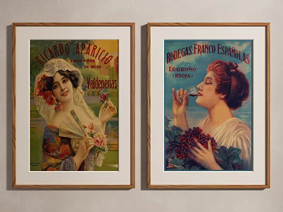Two Framed Vintage Female Portrait Paintings With Fan Berries And Decorative Elements 3d model