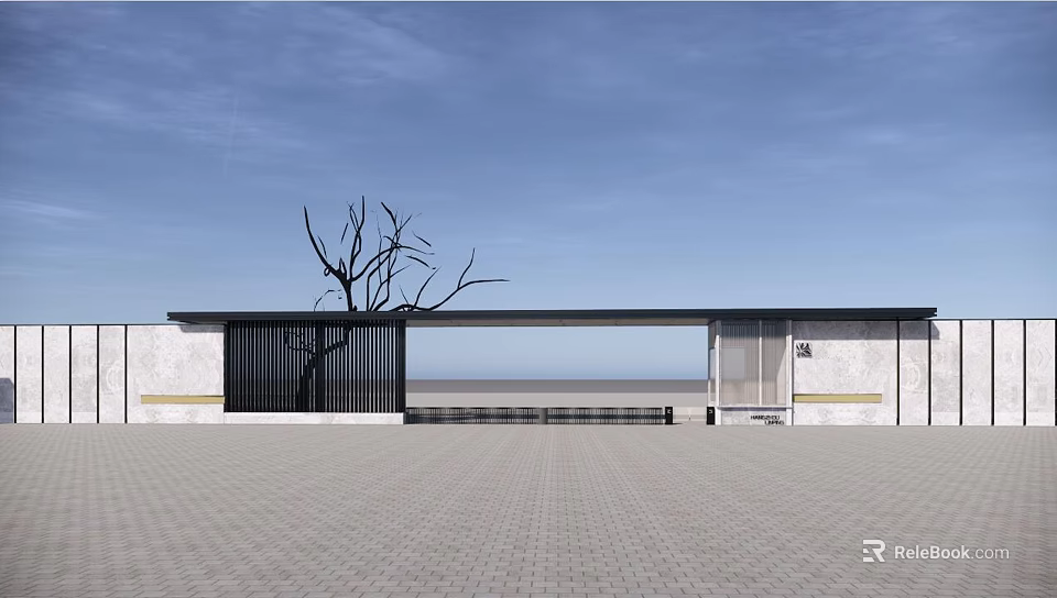 Modern Entrance Gate Design With Bare Tree Brick Pavement And Sea View 3d model 