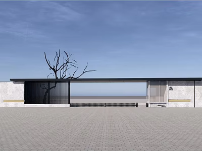Modern Entrance Gate Design With Bare Tree Brick Pavement And Sea View 3d model