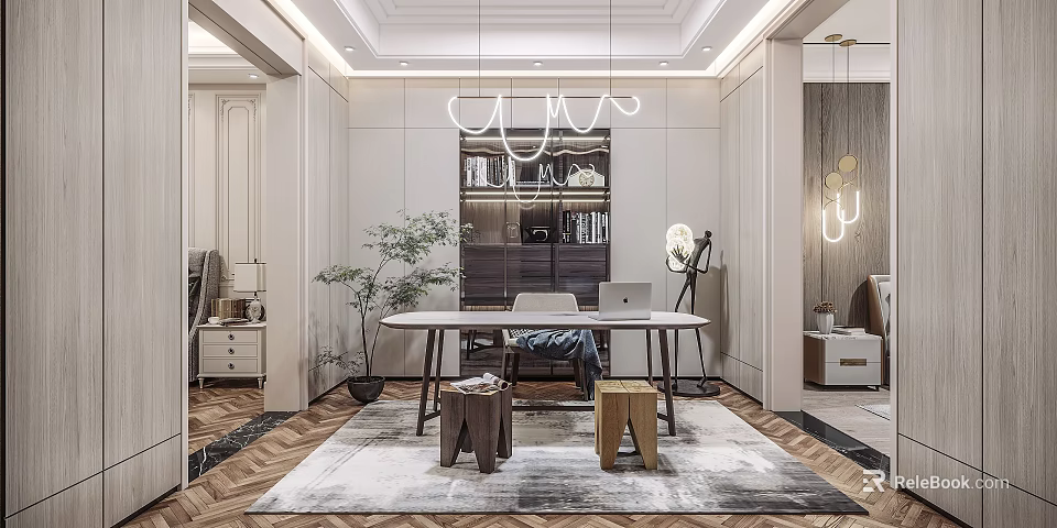 Modern Study Room Interior Design With Wooden Desk Bookshelf Hanging Lamp And Patterned Rug 3d model 