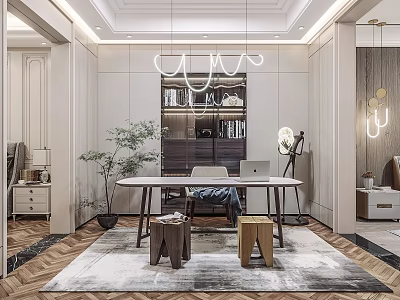 Modern Study Room Interior Design With Wooden Desk Bookshelf Hanging Lamp And Patterned Rug 3d model