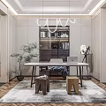 Modern Study Room Interior Design With Wooden Desk Bookshelf Hanging Lamp And Patterned Rug