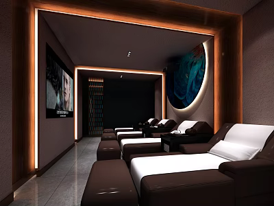 Luxurious SPA Sauna Interior With Comfortable Loungers White Cushions And Circular Decor 3d model
