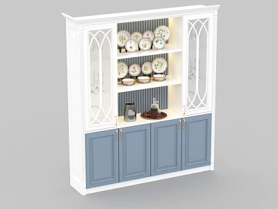 White and Blue Wine Cabinet with Glass Doors Display Shelves and Bottom Storage 3d model