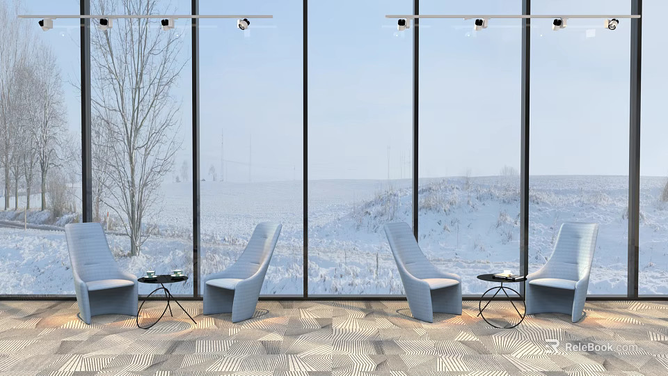Light Blue Leisure Sofa Set With Small Round Tables And Snowy View By Glass Windows 3d model 