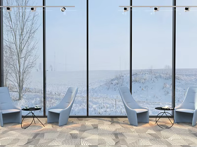 Light Blue Leisure Sofa Set With Small Round Tables And Snowy View By Glass Windows 3d model