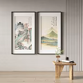 Chinese Landscape Paintings Hanging On Wall With Traditional Mountain Art Wooden Table Vase And Books