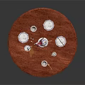 Wooden Round Tray With Tea Set Teacups Teapot Saucers And Tiered Rack