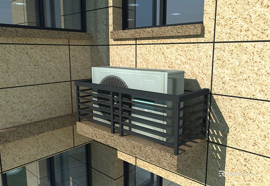 Air Conditioner Fan Installed On External Stone Wall With Metal Railing 3d model