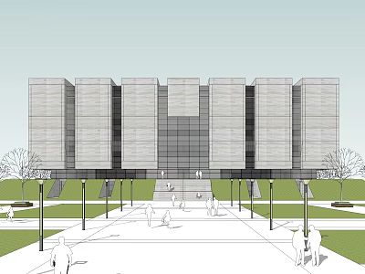 Modern Building With Stone Facade Glass Curtain Wall Plaza With Street Lamps Lawn And Pedestrians 3d model