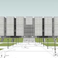 Modern Building With Stone Facade Glass Curtain Wall Plaza With Street Lamps Lawn And Pedestrians