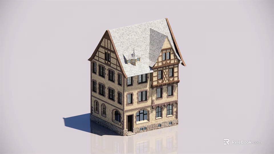 Traditional Half Timbered House Exterior With Gabled Tile Roof And Multi Story Stone Base Windows 3d model 
