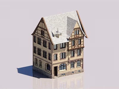 Traditional Half Timbered House Exterior With Gabled Tile Roof And Multi Story Stone Base Windows 3d model