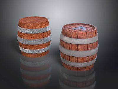 Pair of Decorative Wooden Barrels With Metal Hoops and Shiny Surfaces 3d model