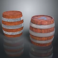 Pair of Decorative Wooden Barrels With Metal Hoops and Shiny Surfaces