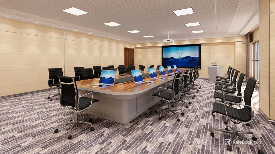 Modern Conference Room With Long Wooden Table Laptop Computers And Projector Screen 3d model 