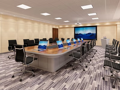 Modern Conference Room With Long Wooden Table Laptop Computers And Projector Screen 3d model