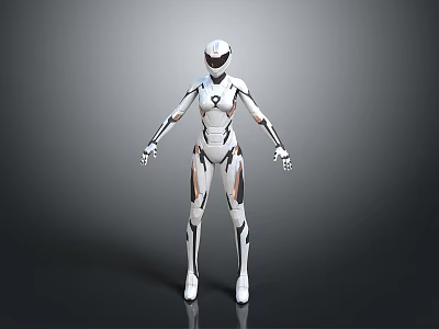 Futuristic Robot Character With White And Gold Mechanical Body Standing Stance 3d model