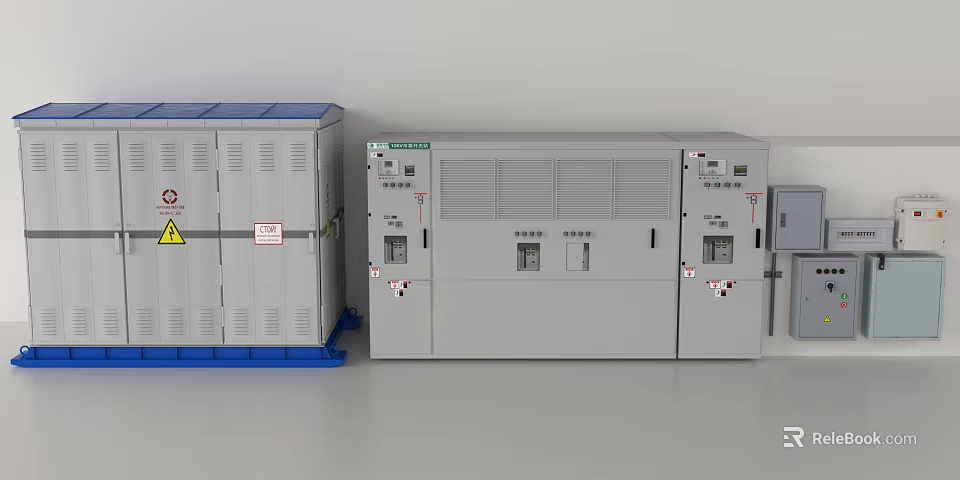 Industrial Electrical Control Cabinets With Safety Warning Signs And Control Panels 3d model 