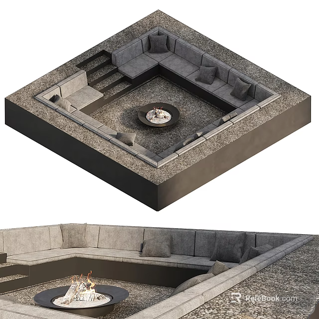 Square Outdoor Seating Area With Central Fire Pit Gray Sofas And Steps 3d model