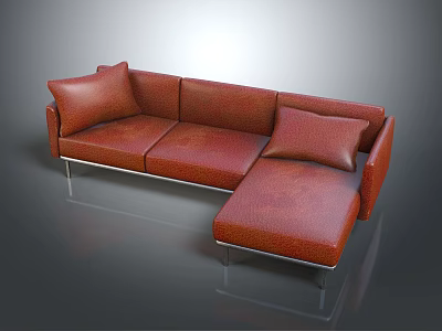 Modern Red Leather Sectional Sofa With Metal Legs And Accent Pillows 3d model