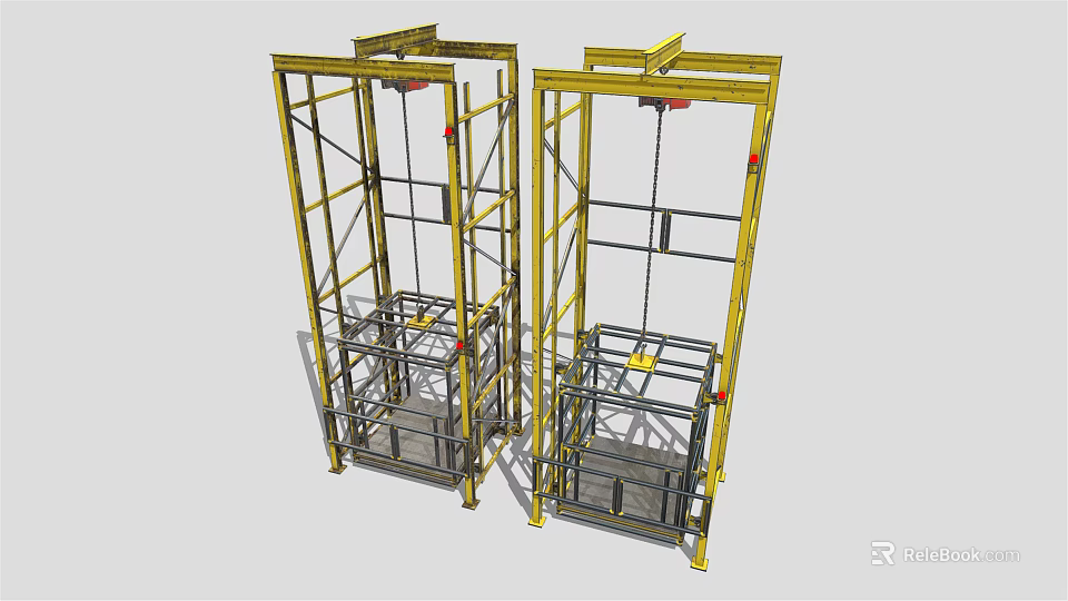 Yellow Industrial Lifting Equipment With Metal Frame Double Units And Chain Structure 3d model 