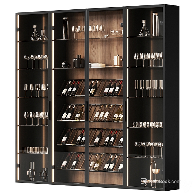 Modern Wine Cabinet With Layered Storage For Wine Bottles And Glasses 3d model 