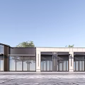 Modern Commercial Street Exterior With Large Windows Two Story Buildings And Trees
