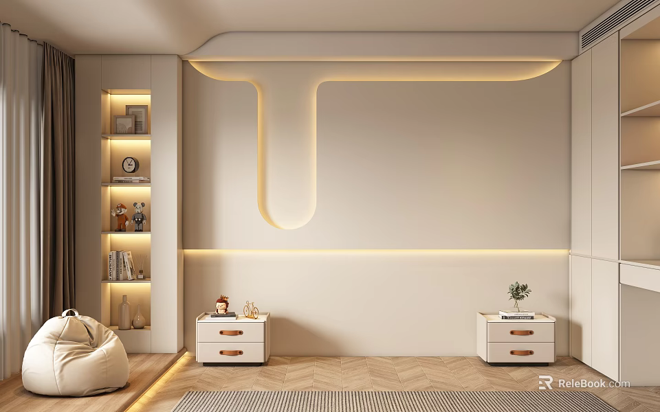 Modern Bedroom Accent Wall With Curved LED Lighting Built In Shelves And Bedside Tables 3d model 