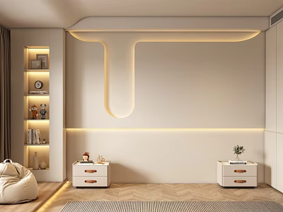 Modern Bedroom Accent Wall With Curved LED Lighting Built In Shelves And Bedside Tables 3d model