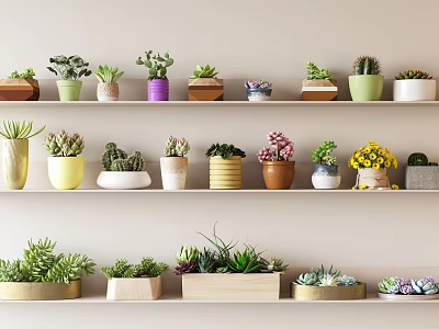 Diverse Colorful Succulent Plants Collection On Wooden Shelves With Decorative Pots 3d model