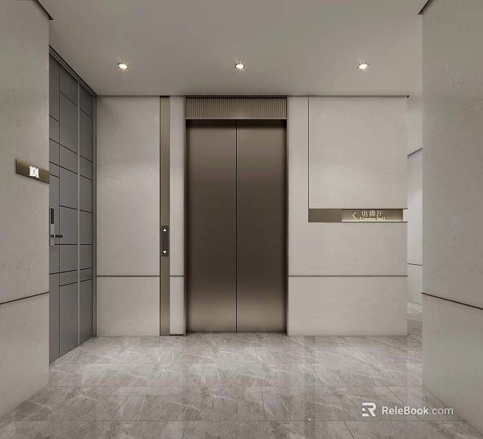 Modern Elevator Hallway With Light Colored Walls Metal Doors Recessed Lighting And Gray Flooring 3d model 