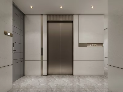 Modern Elevator Hallway With Light Colored Walls Metal Doors Recessed Lighting And Gray Flooring 3d model