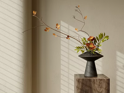 Black Vase With Orange Flowers Green Leaves Branches On Wooden Stand Light Shadow Background 3d model
