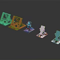 Colorful Commercial Equipment Display Stands In Green Orange Pink Blue With Cards On Black Background