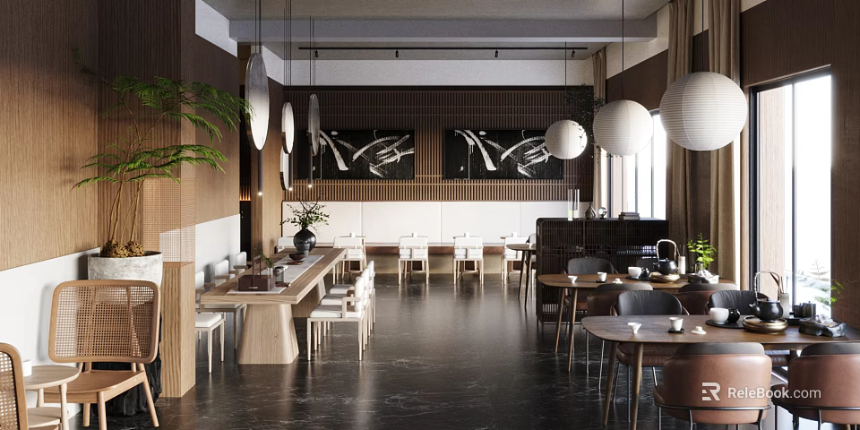 Modern Café Interior Design With Pendant Lights Green Plants Wooden Tables And Spacious Layout 3d model 