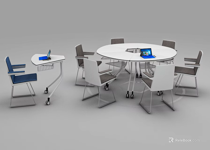 Modern Minimalist Round Desk With Rolling Chairs Laptop And Mobile Side Table 3d model 