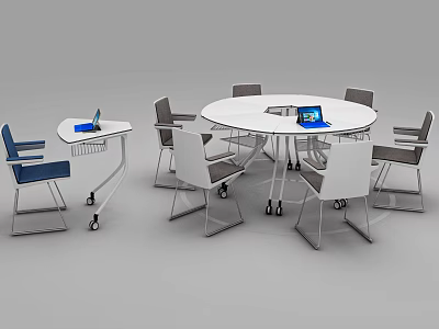 Modern Minimalist Round Desk With Rolling Chairs Laptop And Mobile Side Table 3d model