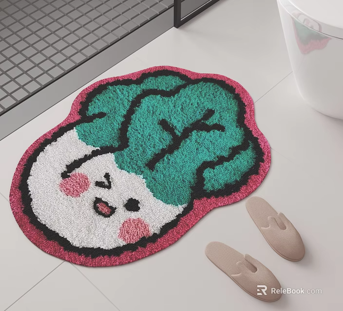 Cartoon Vegetable Shaped Rug With Green Leaves White Body Pink Border And Smiling Face 3d model 