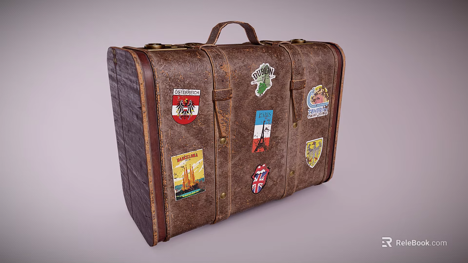 Vintage Brown Leather Suitcase With Decorative Travel Patches And Retro Design 3d model 